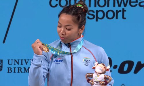 A gold looking another gold Gold medalist Saikhom Mirabai Chanu for Weightlifting match in Birmingham 2022 commonwealth games